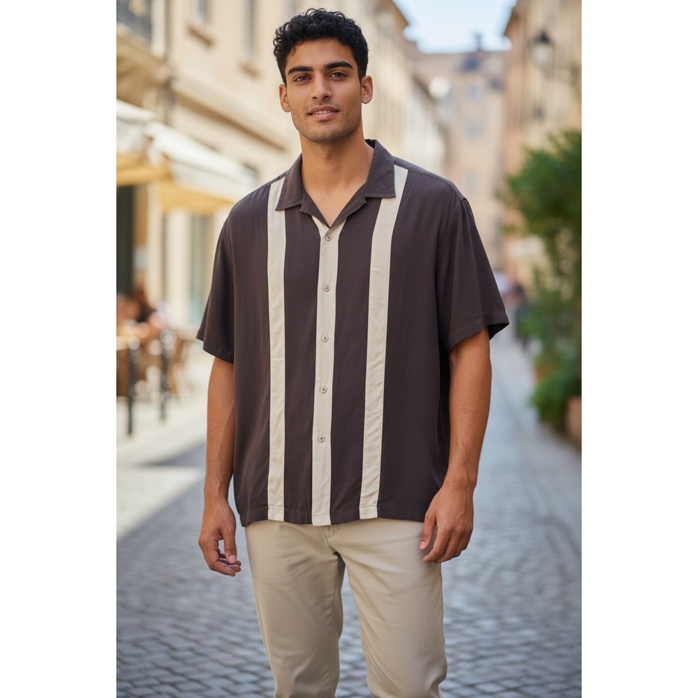 AXIST Bowling Shirt‎ Brown Beige Mens XL 100% Washable Silk Retro Camp Stripe